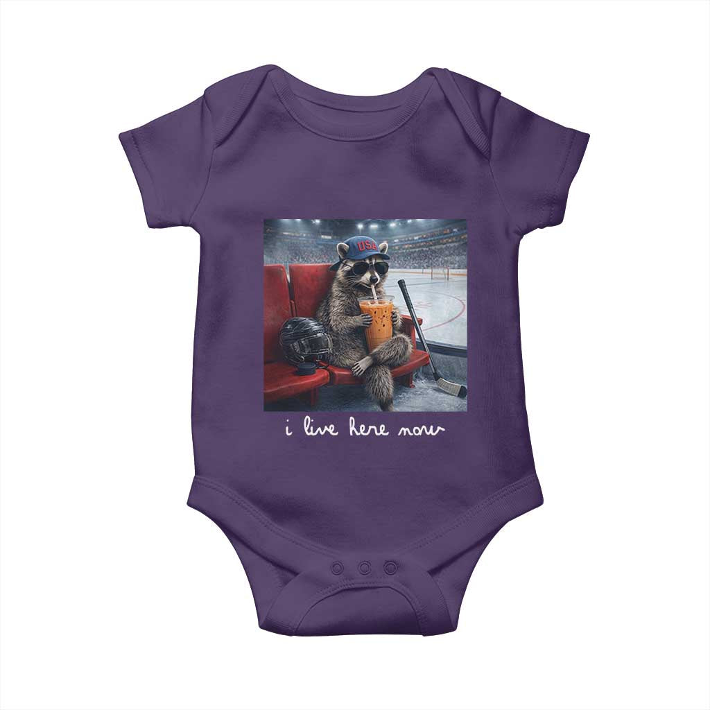 Hockey Mom Raccoon Iced Coffee Baby Onesie I Live Here Now TS14 Purple Print Your Wear