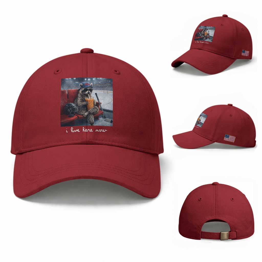 Hockey Mom Raccoon Iced Coffee Baseball Cap I Live Here Now TS14 Baseball Cap Universal Fit Cherry Red Print Your Wear