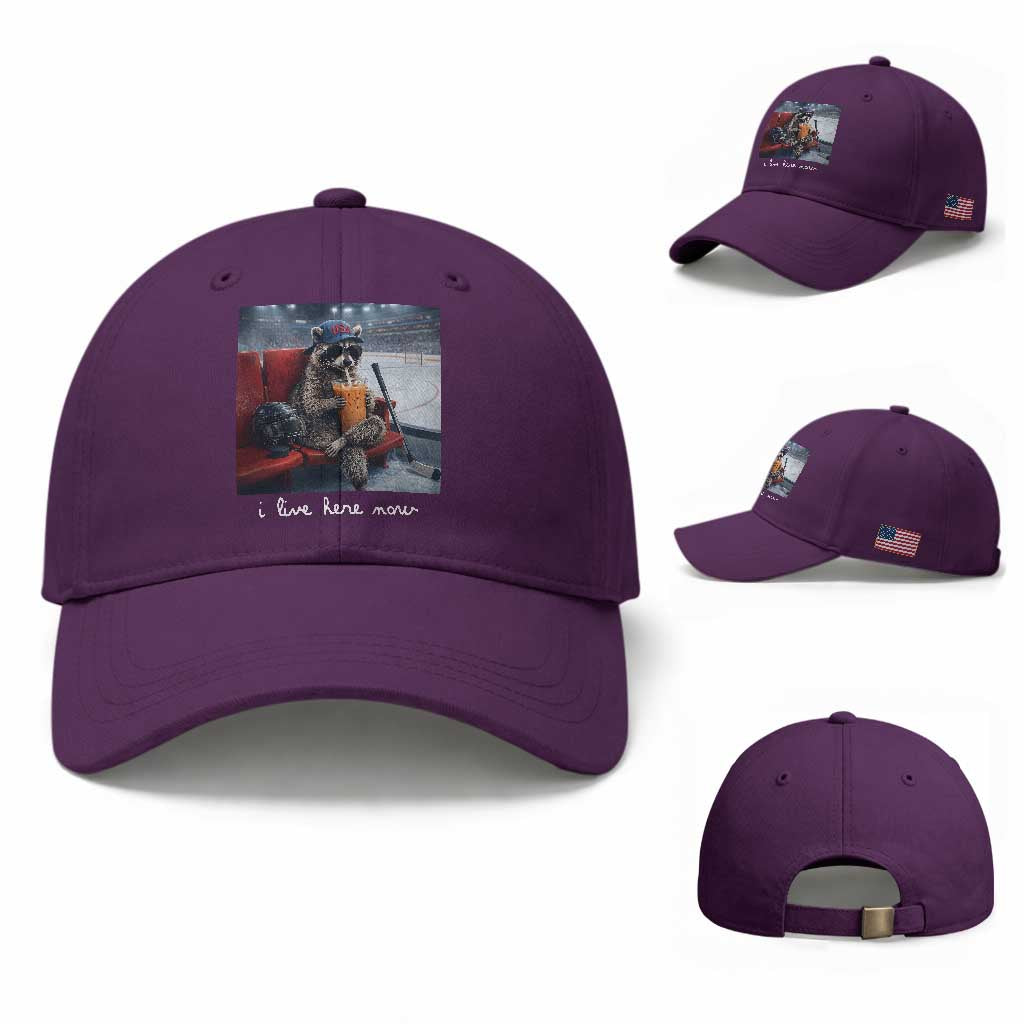 Hockey Mom Raccoon Iced Coffee Baseball Cap I Live Here Now TS14 Baseball Cap Universal Fit Purple Print Your Wear