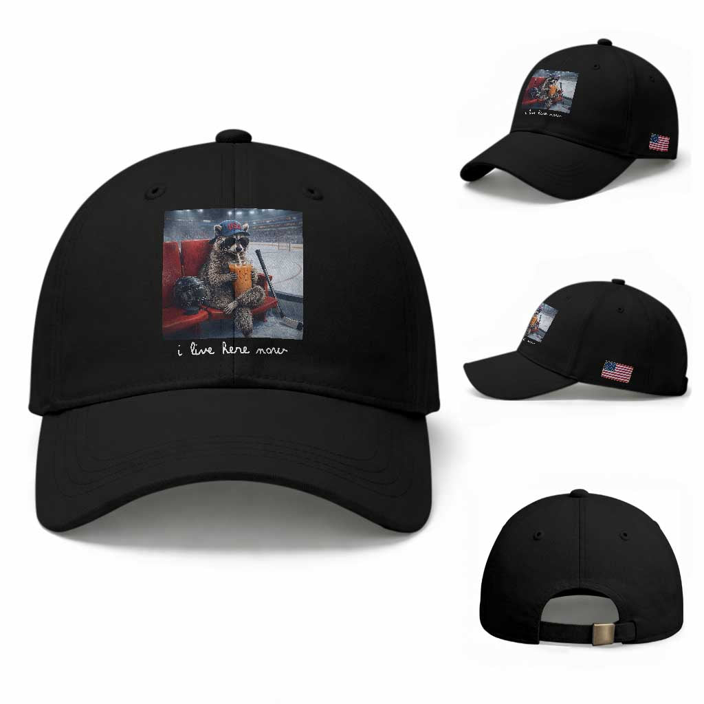 Hockey Mom Raccoon Iced Coffee Baseball Cap I Live Here Now TS14 Baseball Cap Universal Fit Black Print Your Wear