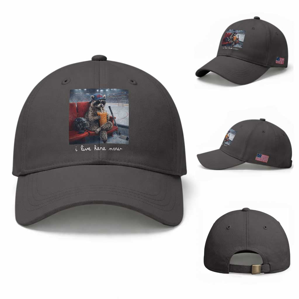 Hockey Mom Raccoon Iced Coffee Baseball Cap I Live Here Now TS14 Baseball Cap Universal Fit Dark Gray Print Your Wear