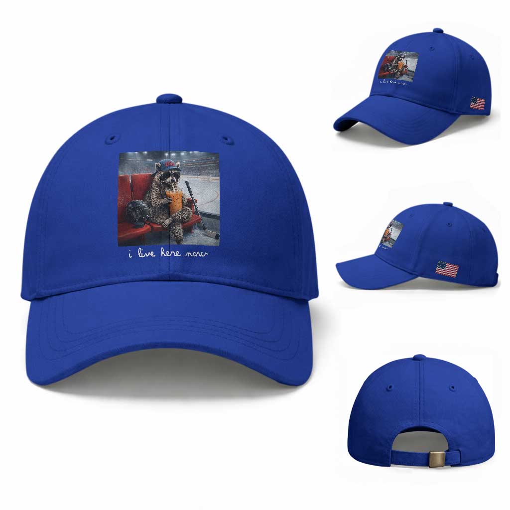 Hockey Mom Raccoon Iced Coffee Baseball Cap I Live Here Now TS14 Baseball Cap Universal Fit Royal Blue Print Your Wear
