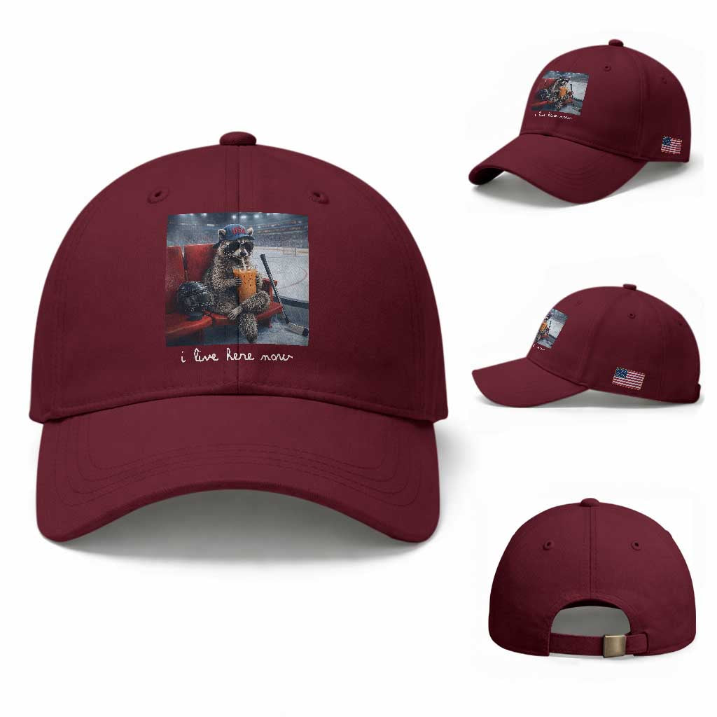 Hockey Mom Raccoon Iced Coffee Baseball Cap I Live Here Now TS14 Baseball Cap Universal Fit Maroon Print Your Wear