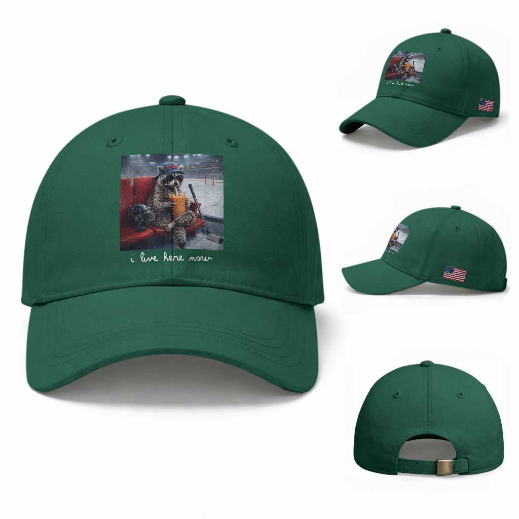 Hockey Mom Raccoon Iced Coffee Baseball Cap I Live Here Now TS14 Baseball Cap Universal Fit Irish Green Print Your Wear