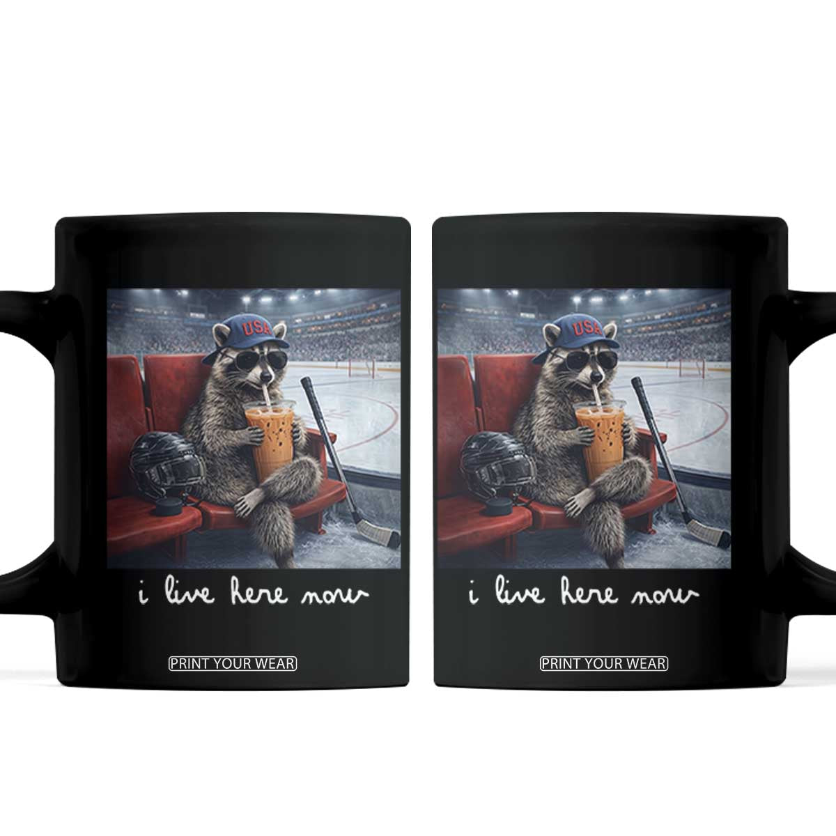 Hockey Mom Raccoon Iced Coffee Coffee Mug I Live Here Now TS14 Black Print Your Wear