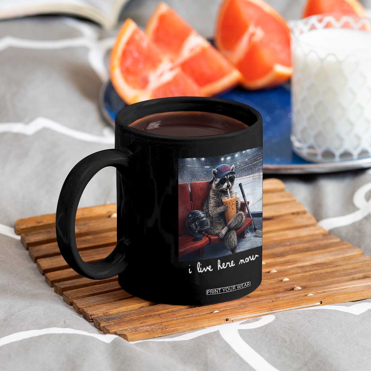 Hockey Mom Raccoon Iced Coffee Coffee Mug I Live Here Now TS14 Print Your Wear