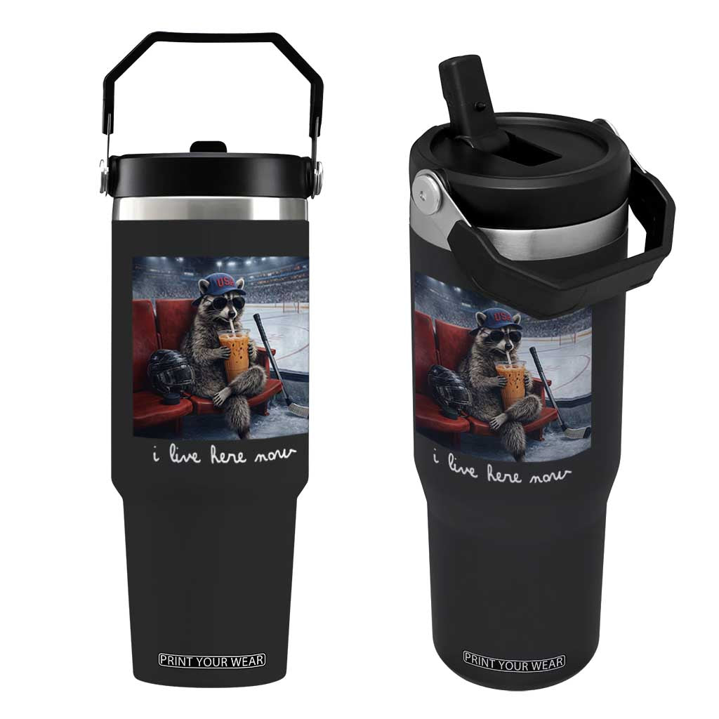 Hockey Mom Raccoon Iced Coffee Flip Straw Tumbler I Live Here Now TS14 One Size: 30 oz Black Print Your Wear