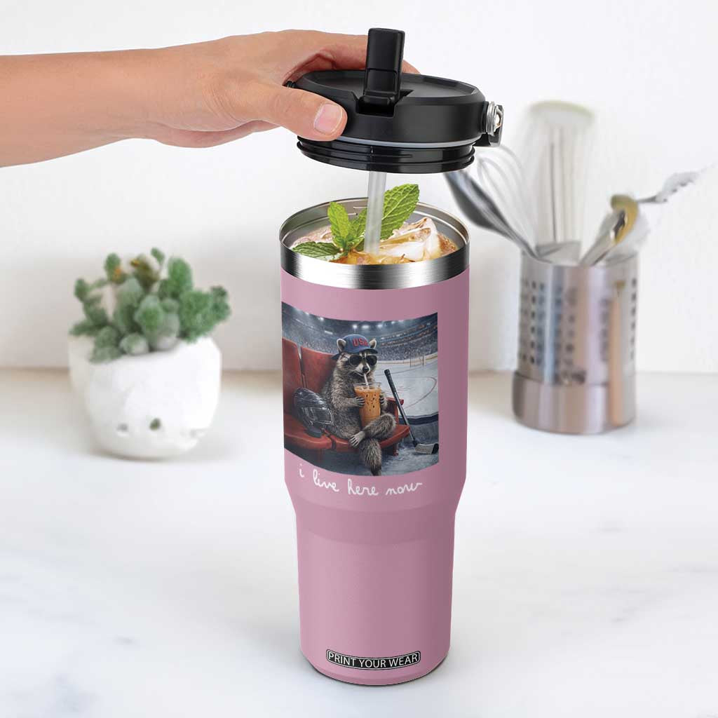 Hockey Mom Raccoon Iced Coffee Flip Straw Tumbler I Live Here Now TS14 One Size: 30 oz Light Pink Print Your Wear