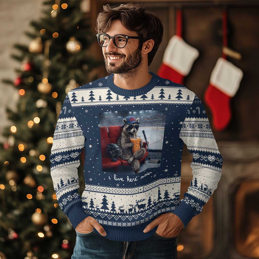 Hockey Mom Raccoon Iced Coffee Ugly Christmas Sweater I Live Here Now TS14 Navy Beige Print Your Wear