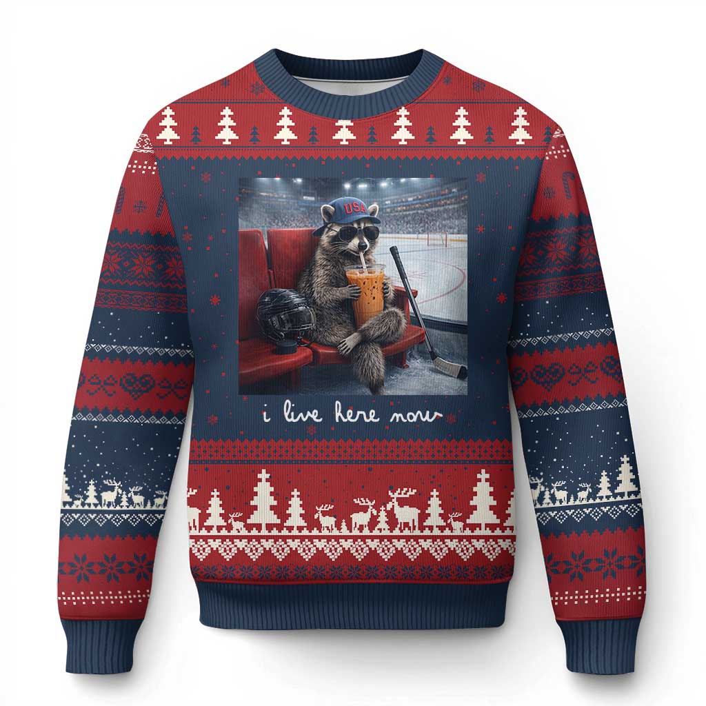Hockey Mom Raccoon Iced Coffee Ugly Christmas Sweater I Live Here Now TS14 Navy Red Print Your Wear