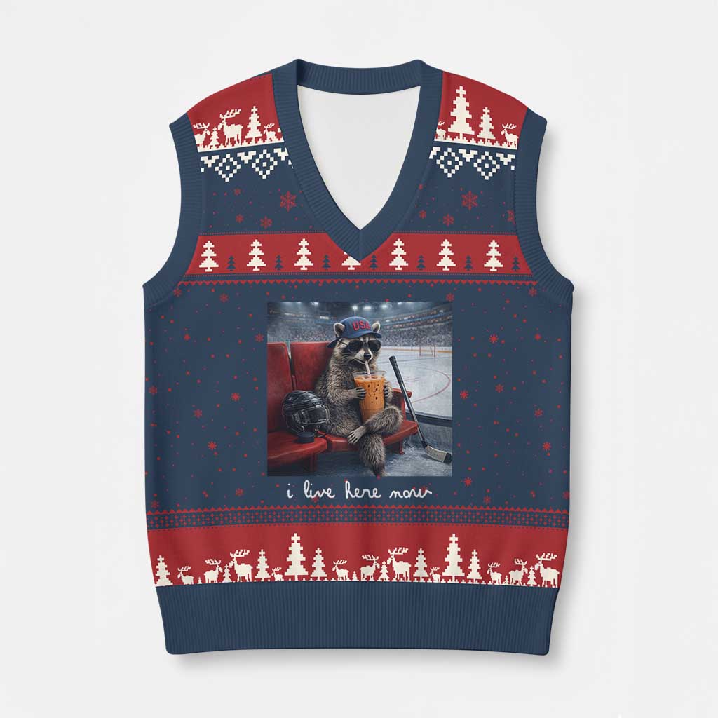 Hockey Mom Raccoon Iced Coffee V-Neck Knit Sweater Vest I Live Here Now TS14 Navy Red Print Your Wear