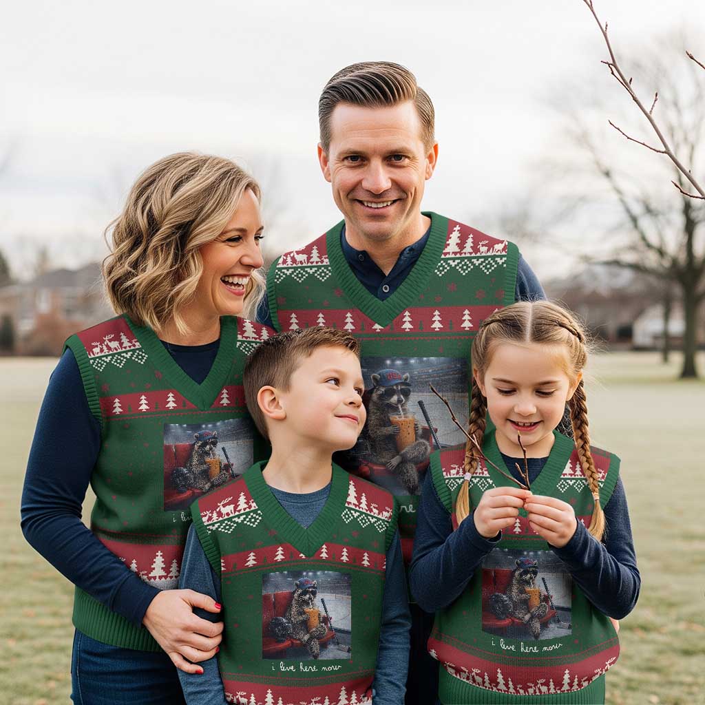Hockey Mom Raccoon Iced Coffee V-Neck Knit Sweater Vest I Live Here Now TS14 Red Green Print Your Wear