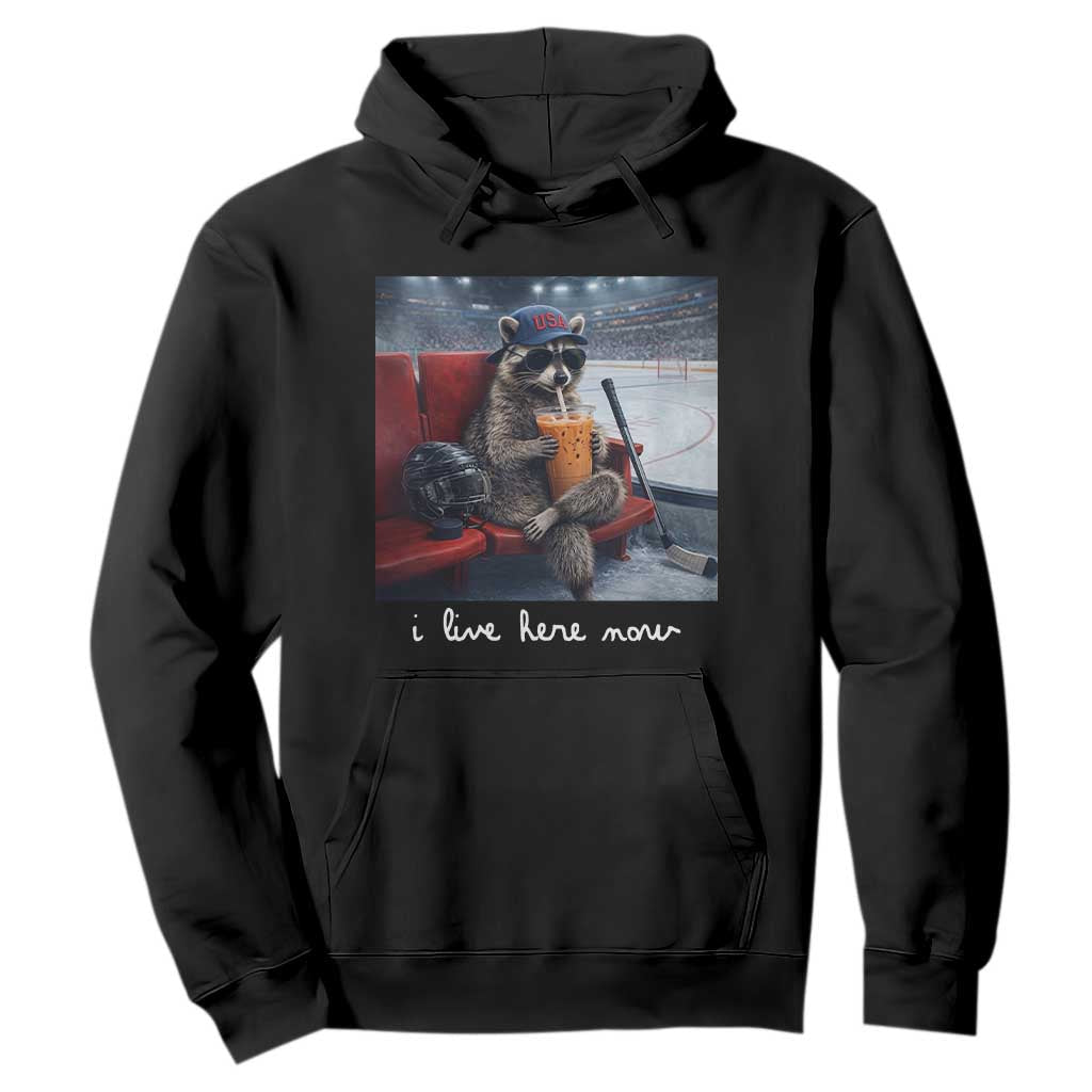 Hockey Mom Raccoon Iced Coffee Hoodie I Live Here Now TS14 Black Print Your Wear