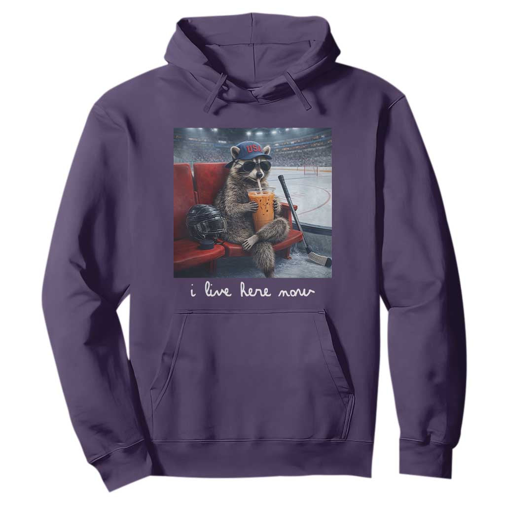 Hockey Mom Raccoon Iced Coffee Hoodie I Live Here Now TS14 Purple Print Your Wear