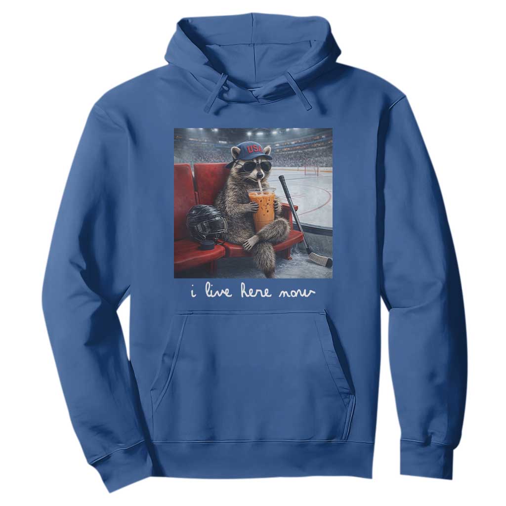 Hockey Mom Raccoon Iced Coffee Hoodie I Live Here Now TS14 Royal Blue Print Your Wear