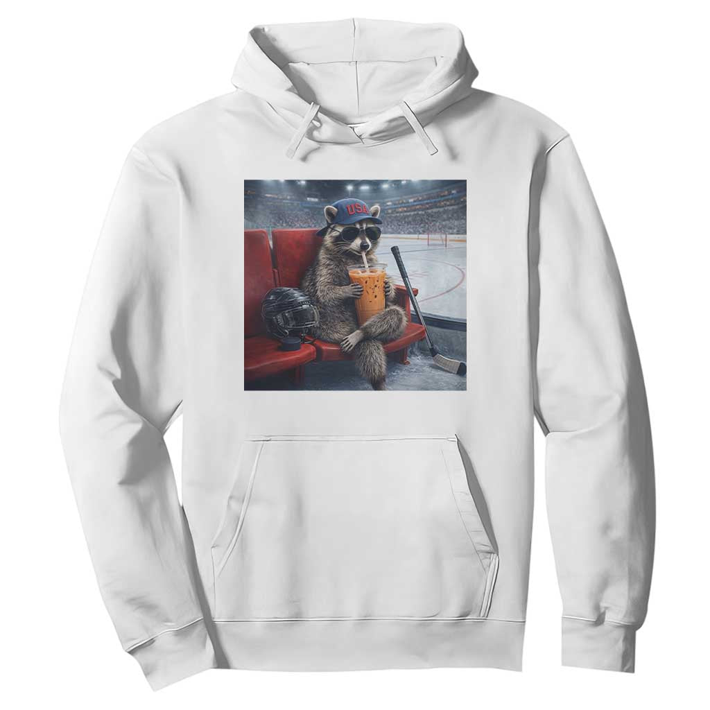 Hockey Mom Raccoon Iced Coffee Hoodie I Live Here Now TS14 White Print Your Wear