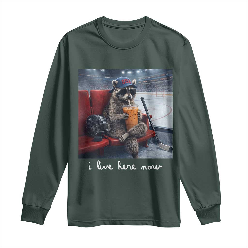 Hockey Mom Raccoon Iced Coffee Long Sleeve Shirt I Live Here Now TS14 Dark Forest Green Print Your Wear
