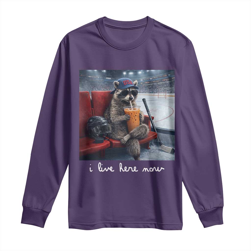 Hockey Mom Raccoon Iced Coffee Long Sleeve Shirt I Live Here Now TS14 Purple Print Your Wear
