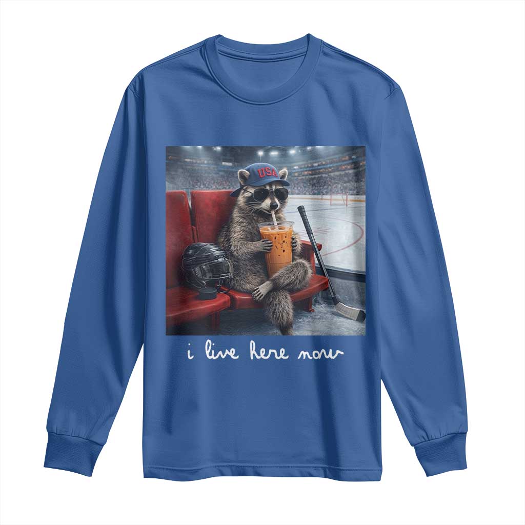 Hockey Mom Raccoon Iced Coffee Long Sleeve Shirt I Live Here Now TS14 Royal Blue Print Your Wear