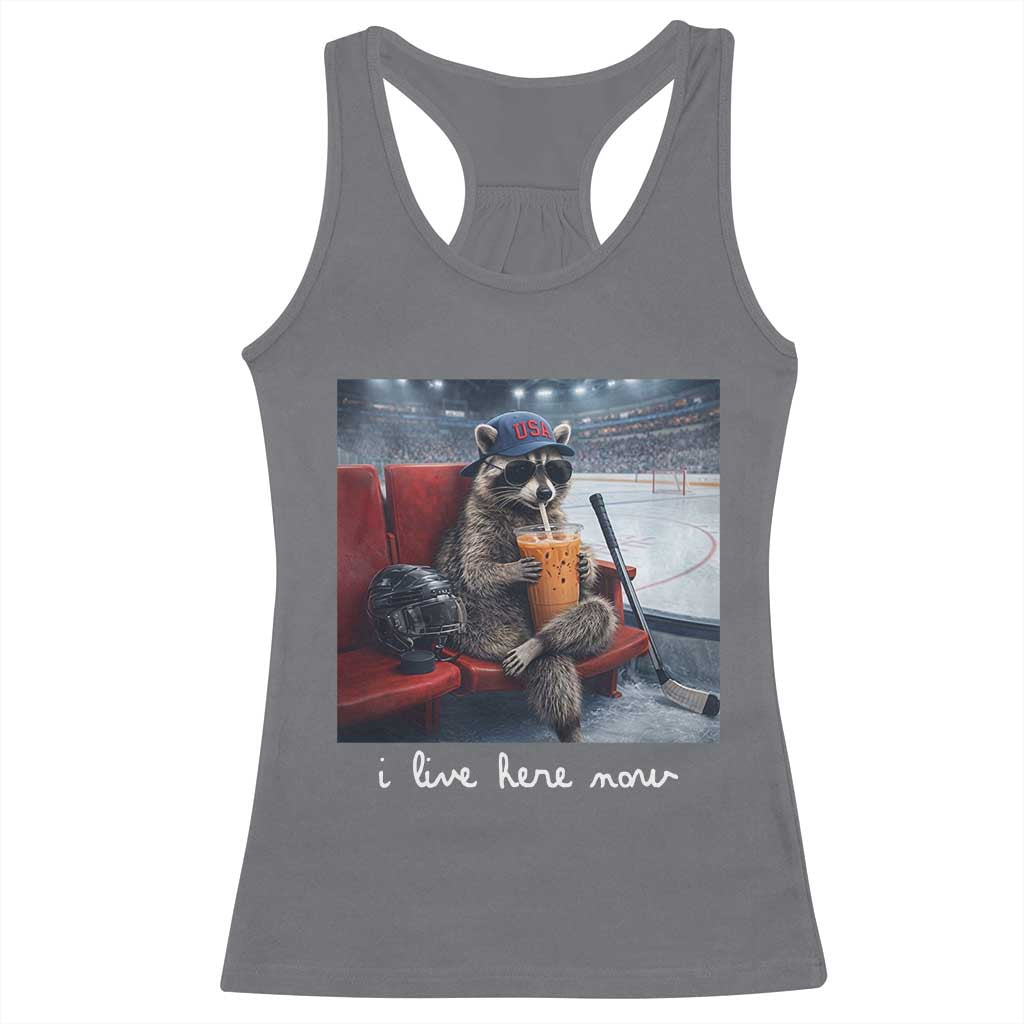 Hockey Mom Raccoon Iced Coffee Racerback Tank Top I Live Here Now TS14 Charcoal Print Your Wear