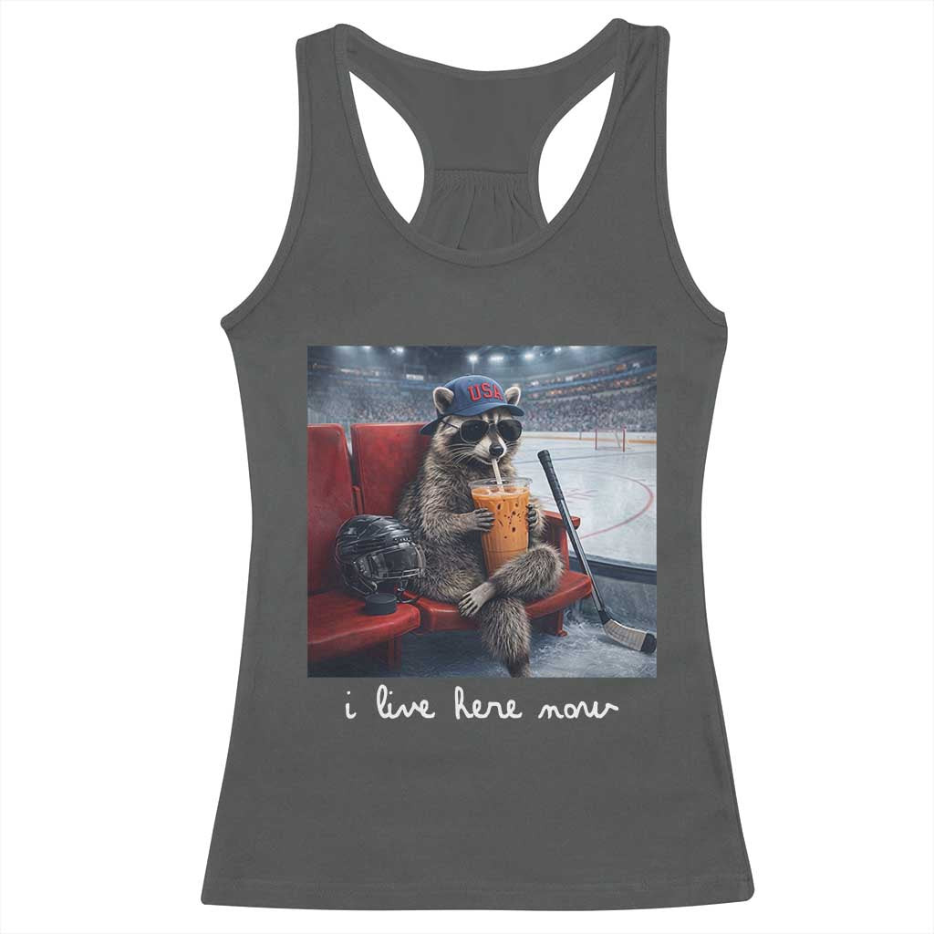 Hockey Mom Raccoon Iced Coffee Racerback Tank Top I Live Here Now TS14 Dark Heather Print Your Wear