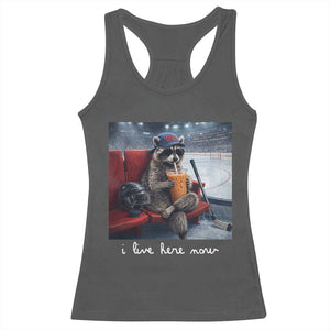 Hockey Mom Raccoon Iced Coffee Racerback Tank Top I Live Here Now TS14 Dark Heather Print Your Wear