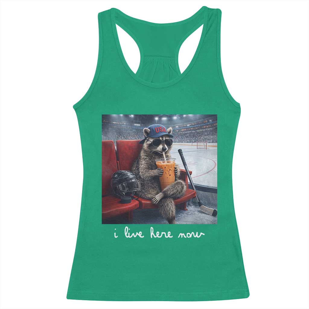 Hockey Mom Raccoon Iced Coffee Racerback Tank Top I Live Here Now TS14 Irish Green Print Your Wear