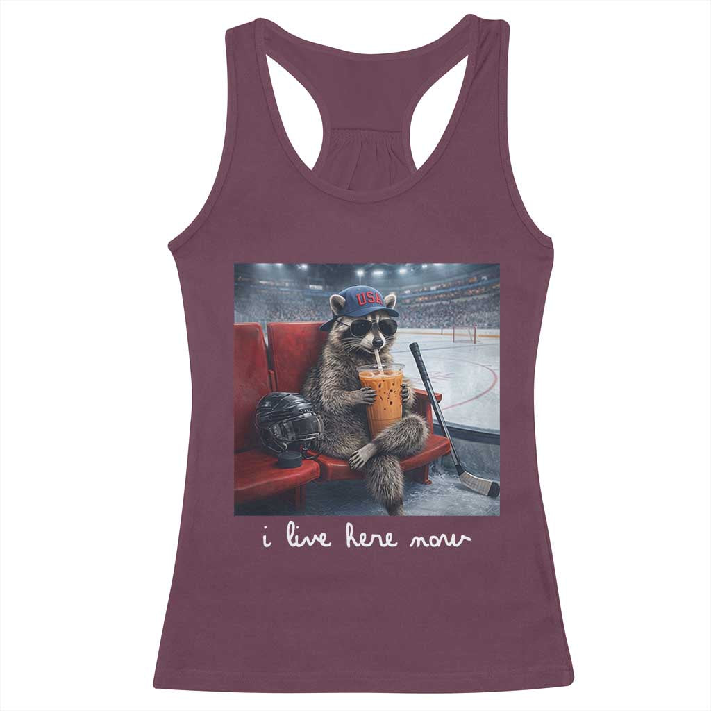 Hockey Mom Raccoon Iced Coffee Racerback Tank Top I Live Here Now TS14 Maroon Print Your Wear