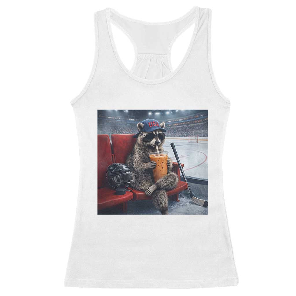 Hockey Mom Raccoon Iced Coffee Racerback Tank Top I Live Here Now TS14 White Print Your Wear