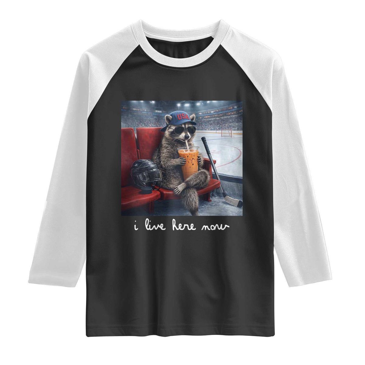 Hockey Mom Raccoon Iced Coffee Raglan Shirt I Live Here Now TS14 Black White Print Your Wear