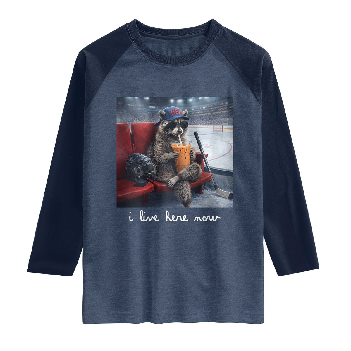 Hockey Mom Raccoon Iced Coffee Raglan Shirt I Live Here Now TS14 Heather Denim Navy Print Your Wear
