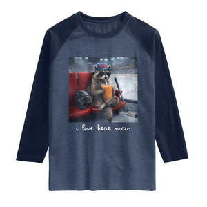 Hockey Mom Raccoon Iced Coffee Raglan Shirt I Live Here Now TS14 Heather Denim Navy Print Your Wear