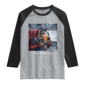 Hockey Mom Raccoon Iced Coffee Raglan Shirt I Live Here Now TS14 Heather Gray Black Print Your Wear