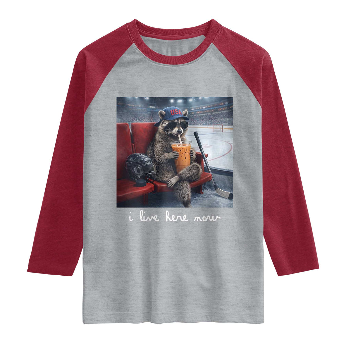 Hockey Mom Raccoon Iced Coffee Raglan Shirt I Live Here Now TS14 Heather Gray Heather Red Print Your Wear