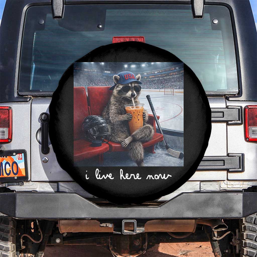 Hockey Mom Raccoon Iced Coffee Spare Tire Cover I Live Here Now TS14 No hole Black Print Your Wear
