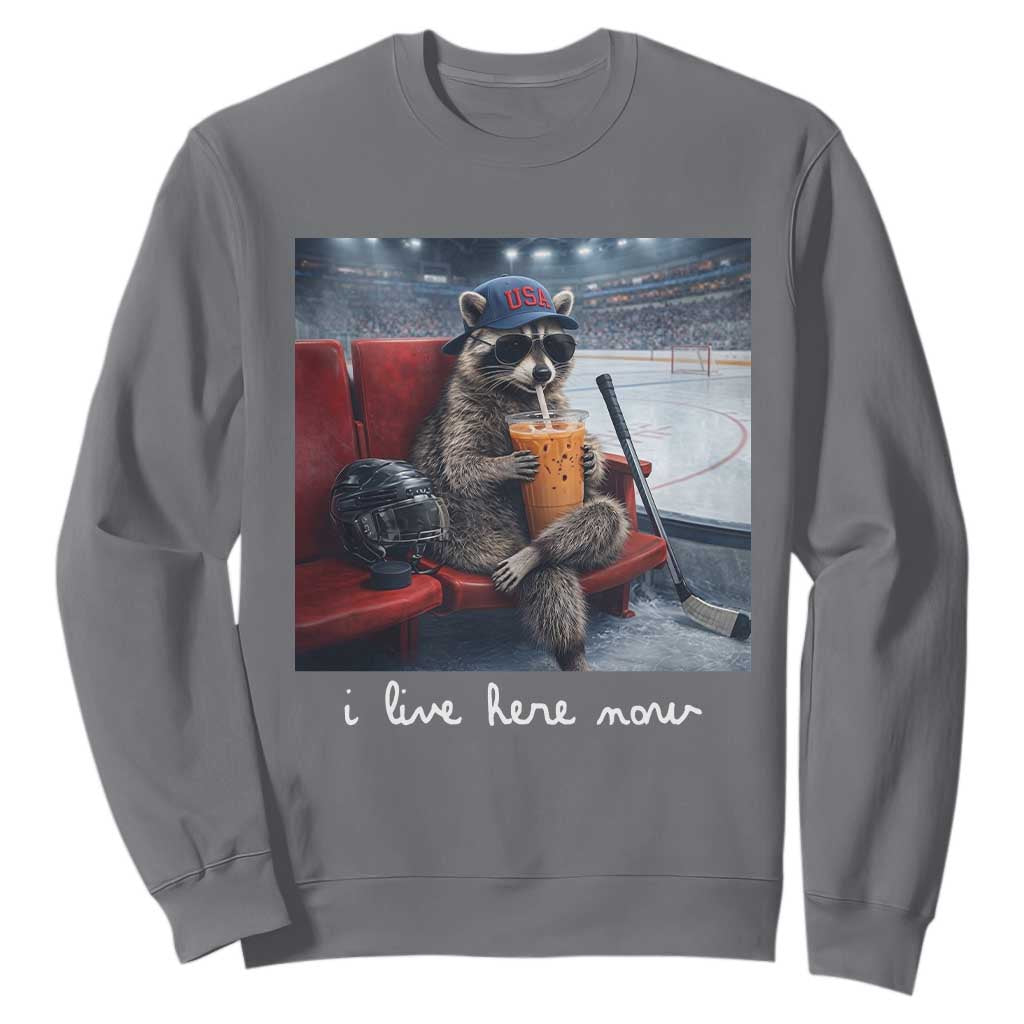 Hockey Mom Raccoon Iced Coffee Sweatshirt I Live Here Now TS14 Charcoal Print Your Wear