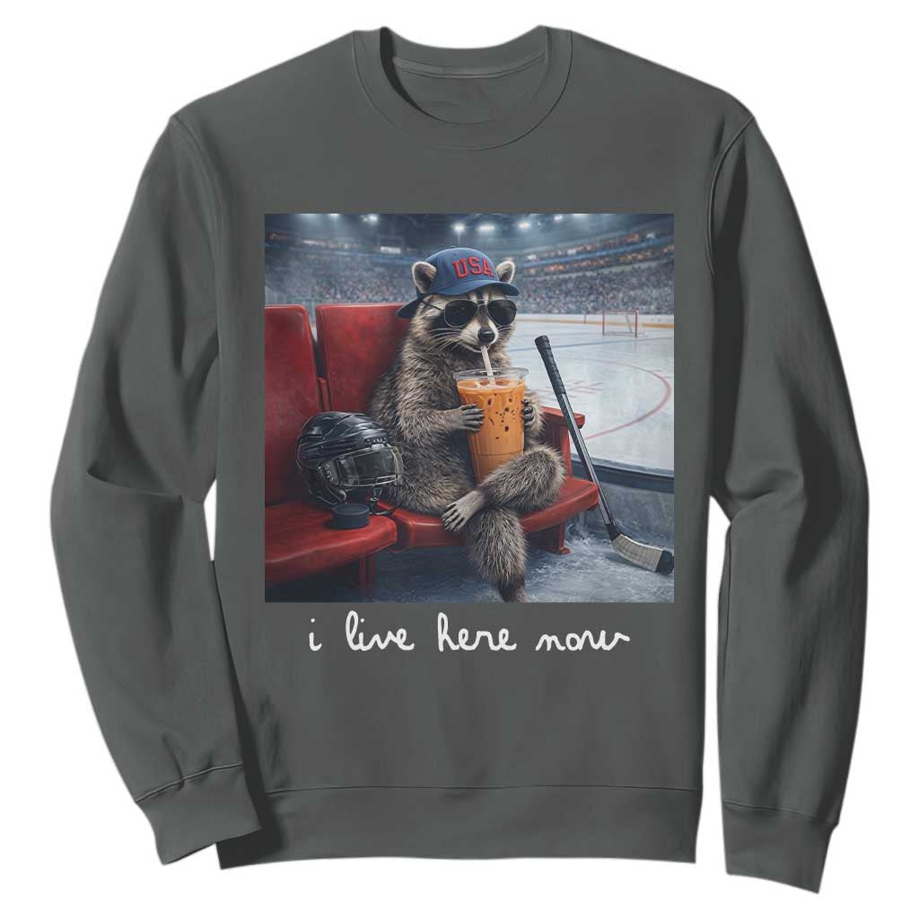 Hockey Mom Raccoon Iced Coffee Sweatshirt I Live Here Now TS14 Dark Heather Print Your Wear