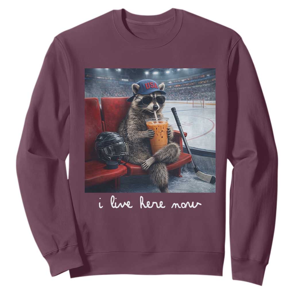 Hockey Mom Raccoon Iced Coffee Sweatshirt I Live Here Now TS14 Maroon Print Your Wear