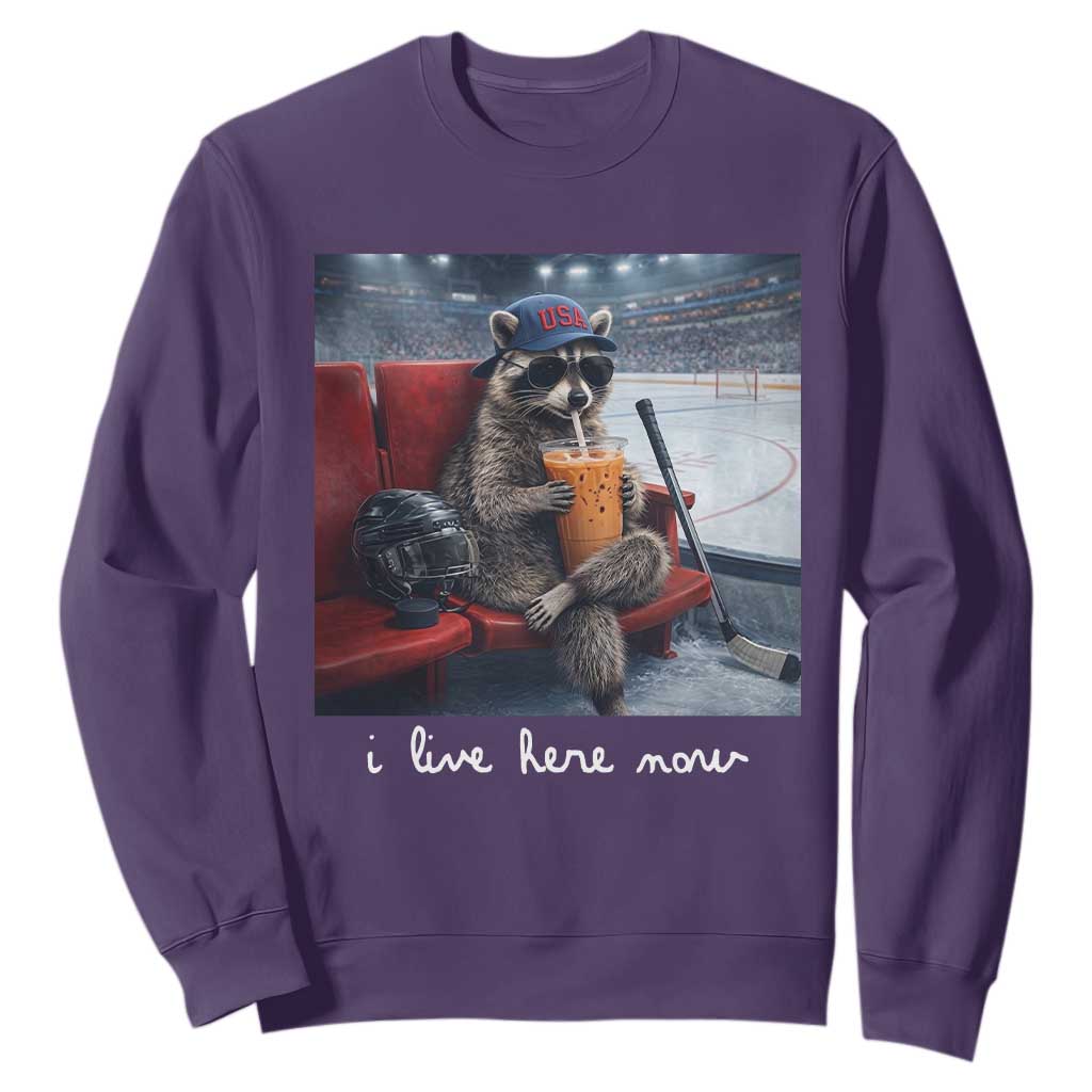 Hockey Mom Raccoon Iced Coffee Sweatshirt I Live Here Now TS14 Purple Print Your Wear