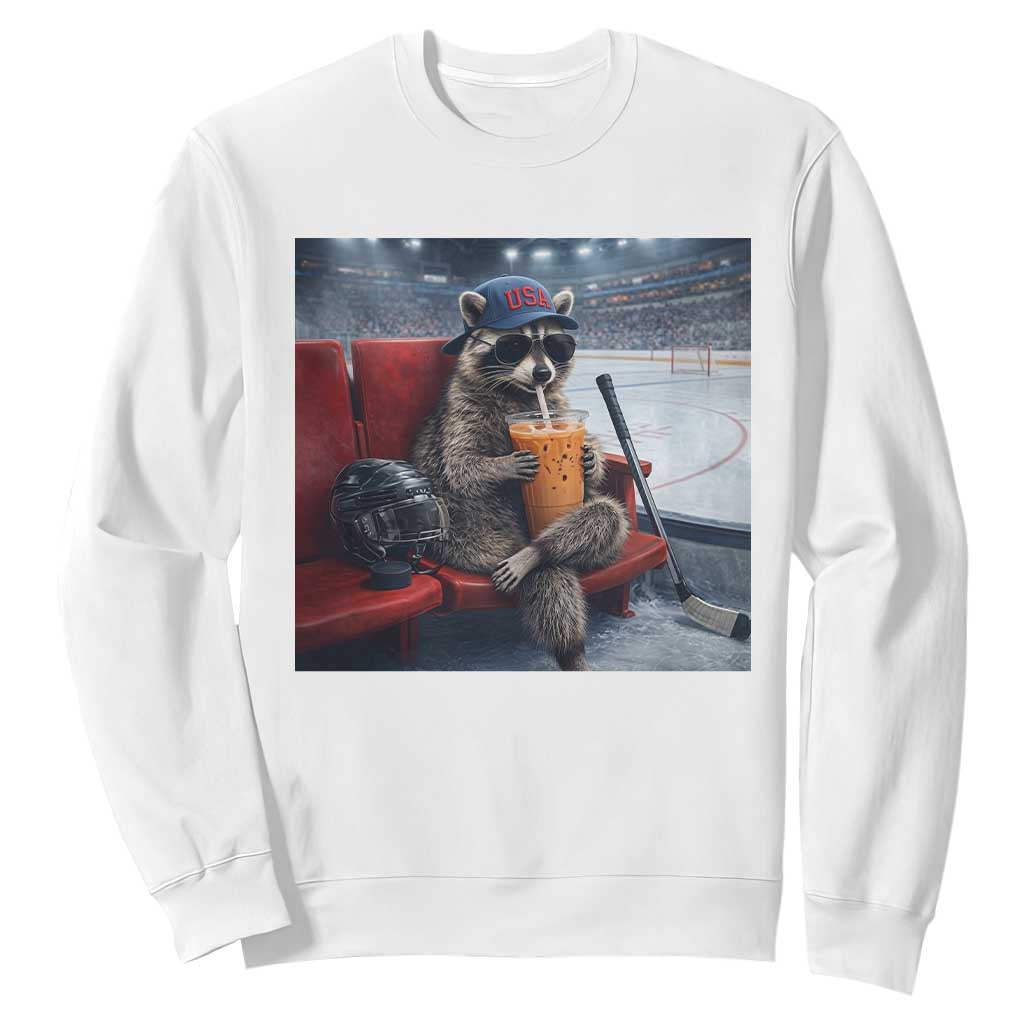 Hockey Mom Raccoon Iced Coffee Sweatshirt I Live Here Now TS14 White Print Your Wear