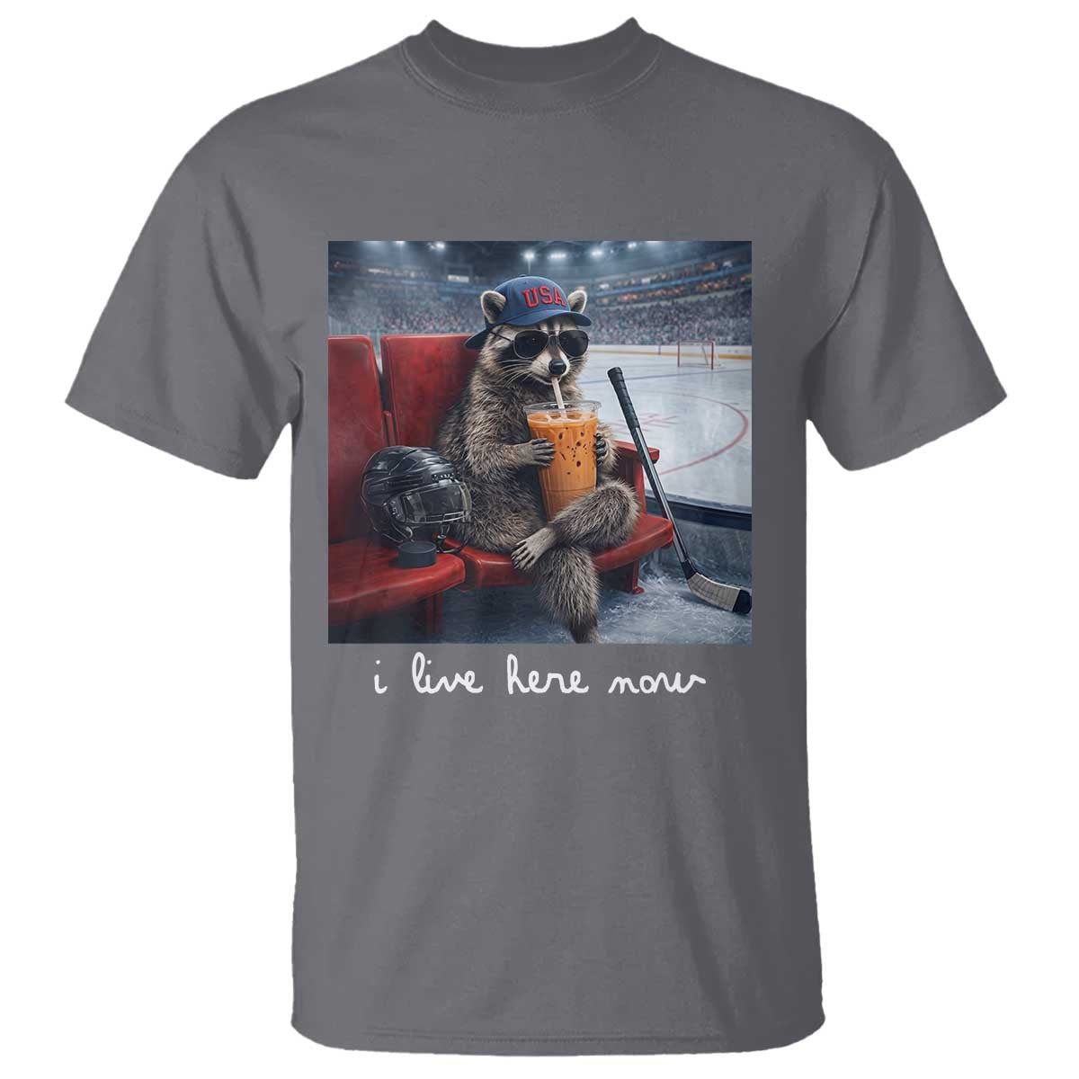 Hockey Mom Raccoon Iced Coffee T Shirt I Live Here Now TS14 Charcoal Print Your Wear