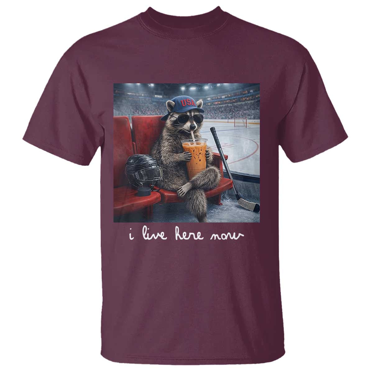 Hockey Mom Raccoon Iced Coffee T Shirt I Live Here Now TS14 Maroon Print Your Wear