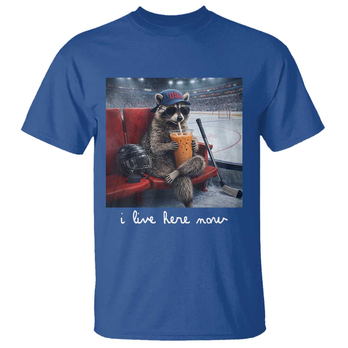Hockey Mom Raccoon Iced Coffee T Shirt I Live Here Now TS14 Royal Blue Print Your Wear