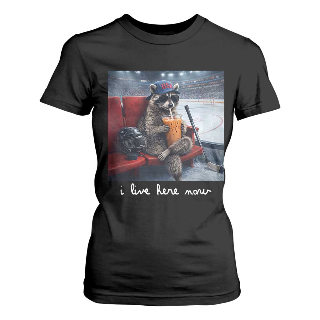 Hockey Mom Raccoon Iced Coffee T Shirt For Women I Live Here Now TS14 Black Print Your Wear