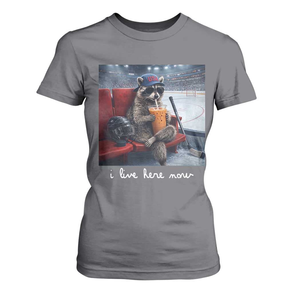 Hockey Mom Raccoon Iced Coffee T Shirt For Women I Live Here Now TS14 Charcoal Print Your Wear
