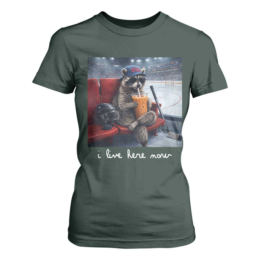 Hockey Mom Raccoon Iced Coffee T Shirt For Women I Live Here Now TS14 Dark Forest Green Print Your Wear