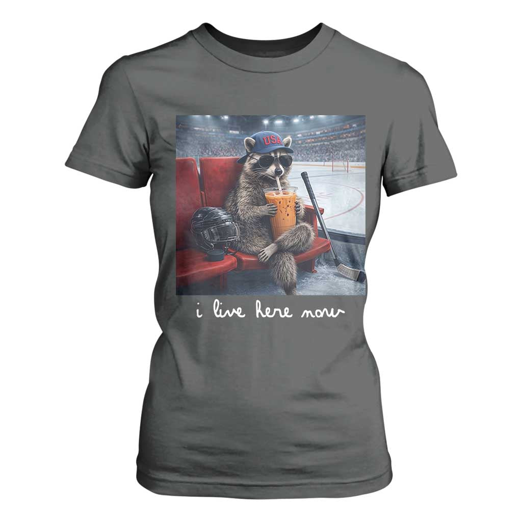 Hockey Mom Raccoon Iced Coffee T Shirt For Women I Live Here Now TS14 Dark Heather Print Your Wear