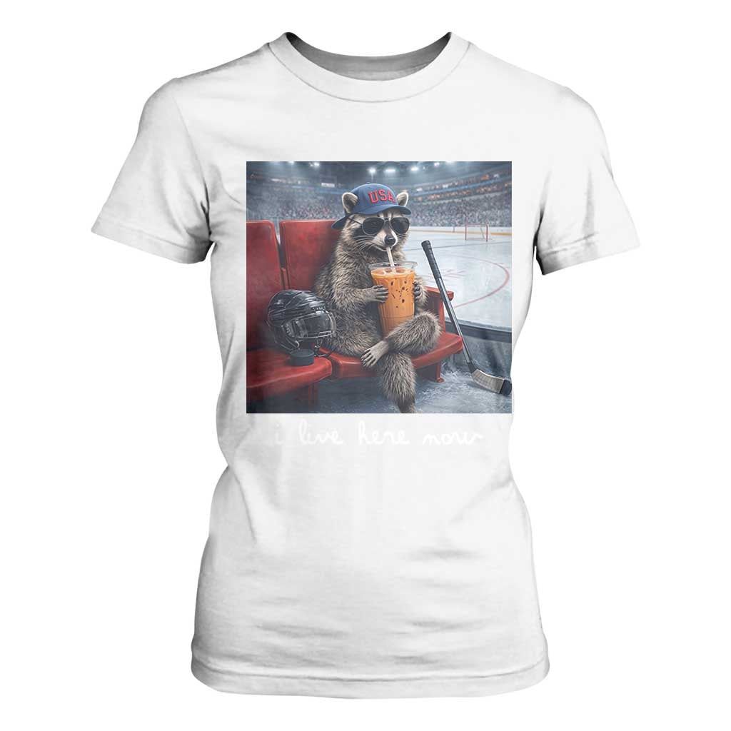 Hockey Mom Raccoon Iced Coffee T Shirt For Women I Live Here Now TS14 White Print Your Wear