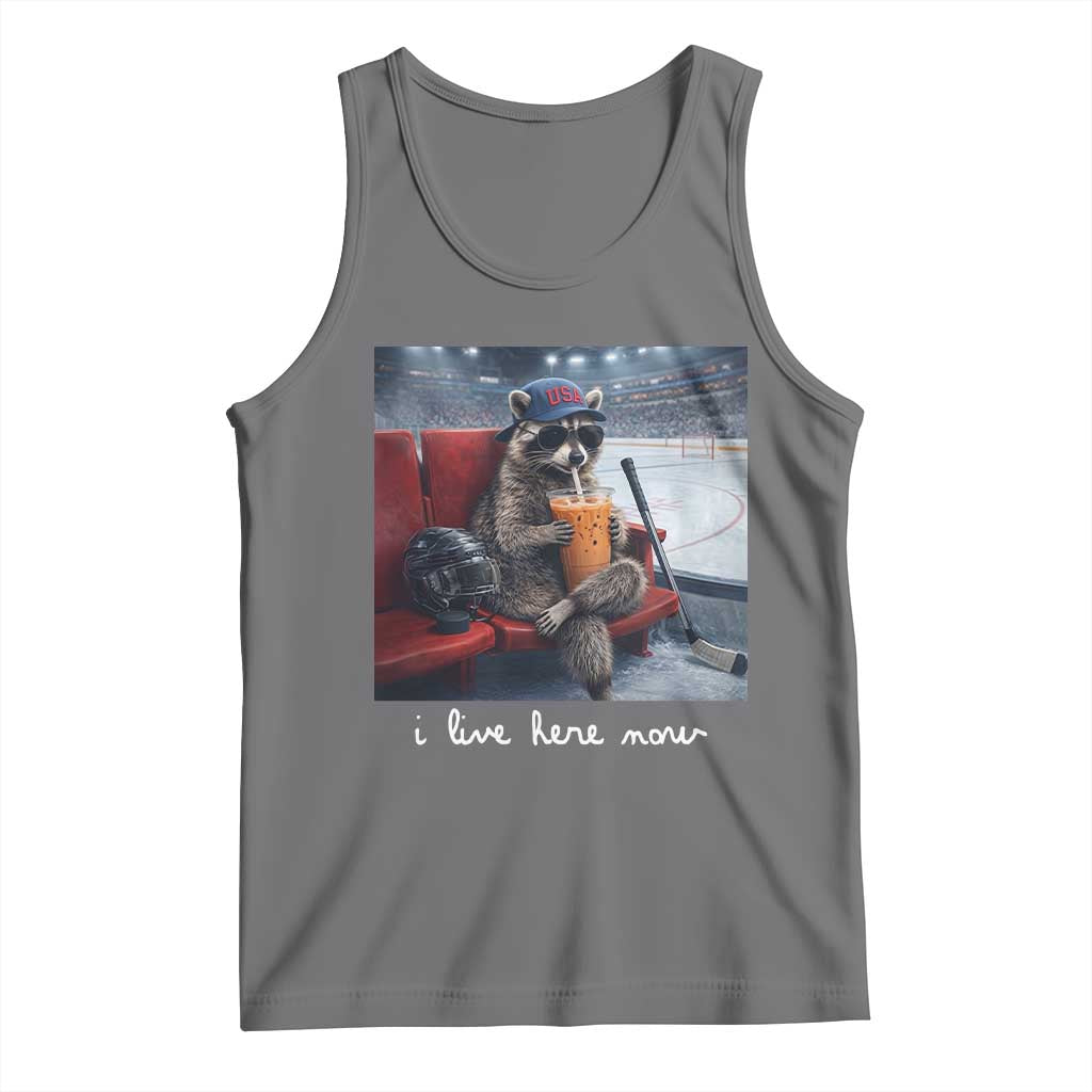 Hockey Mom Raccoon Iced Coffee Tank Top I Live Here Now TS14 Black Heather Print Your Wear