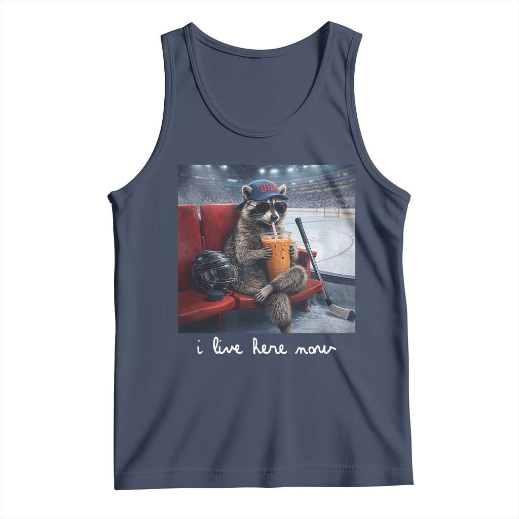 Hockey Mom Raccoon Iced Coffee Tank Top I Live Here Now TS14 Navy Print Your Wear